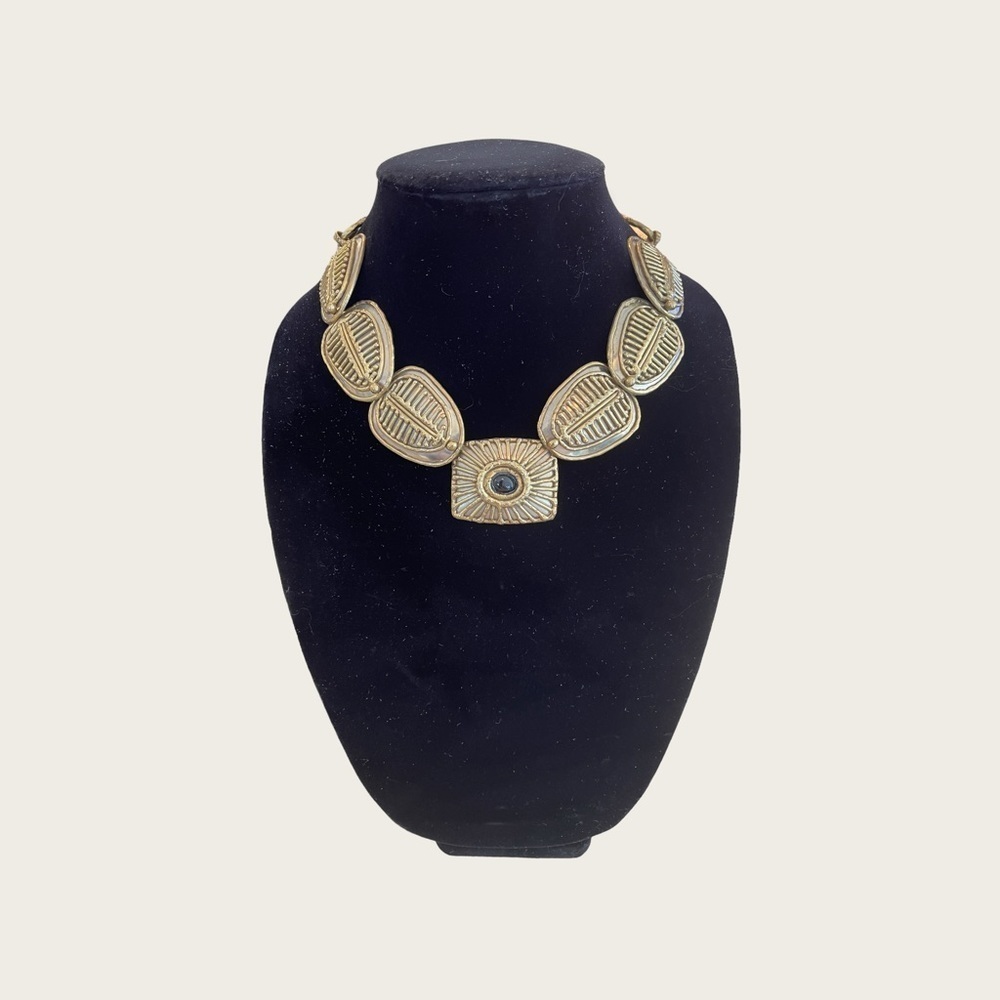 LUCIANO Vintage Signed Mexico Brutalist Gold Tone Statement Necklace